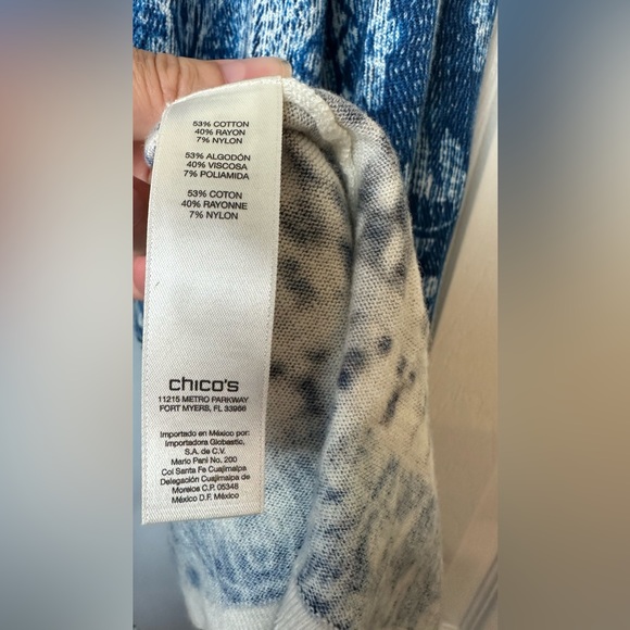 CHICOS Mixed Paisley Maizy Cardigan Sweater Long Blue Ivory Open Front Thin Knit - Picture 12 of 14